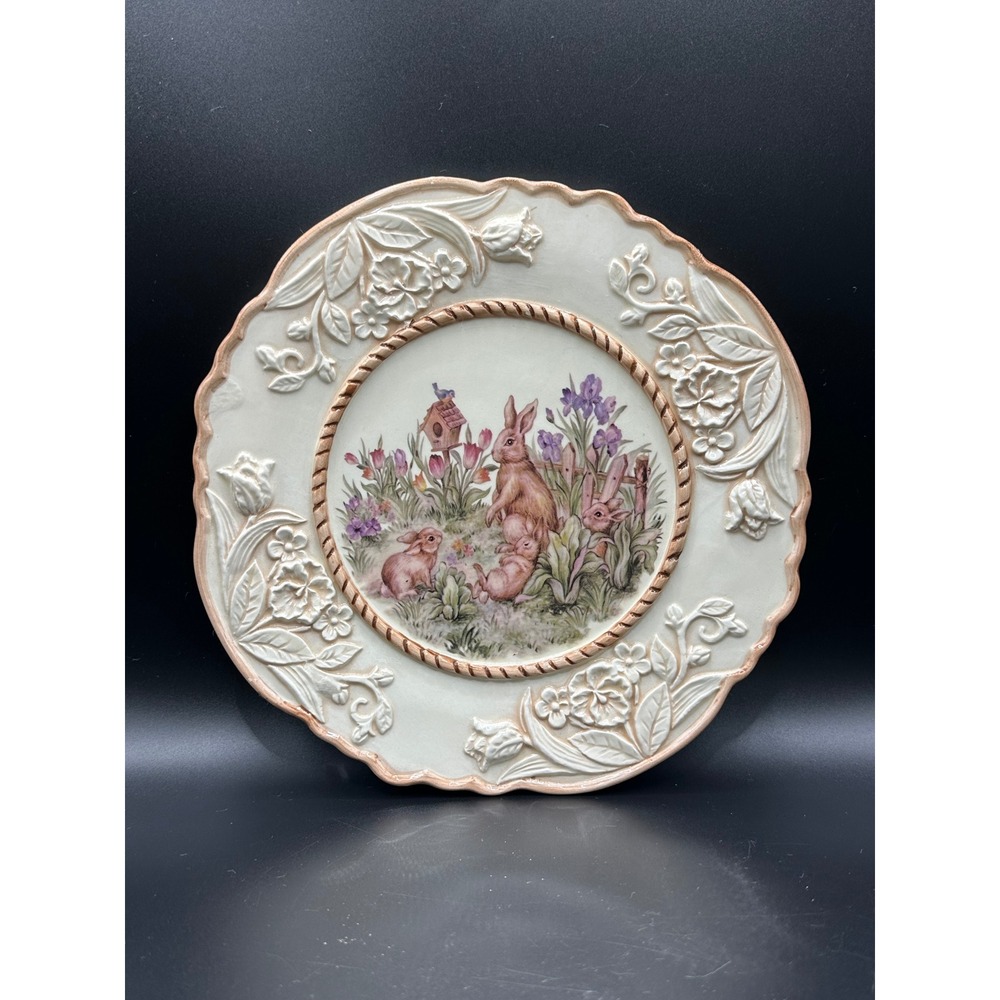 Cracker Barrel Easter Treasures Rabbit Floral Embossed 8.25 Inch Ceramic Plate